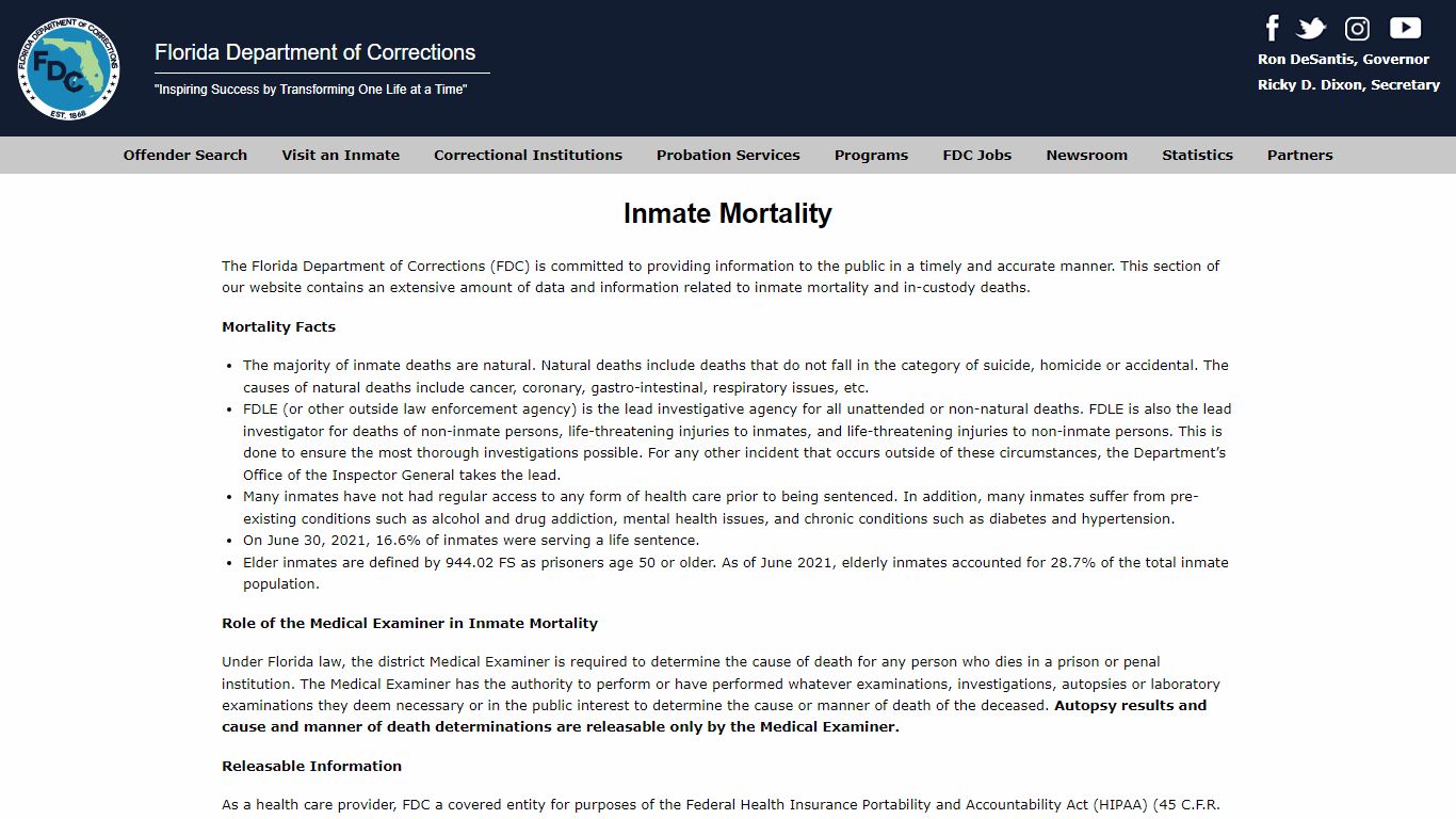 Inmate Mortality -- Florida Department of Corrections
