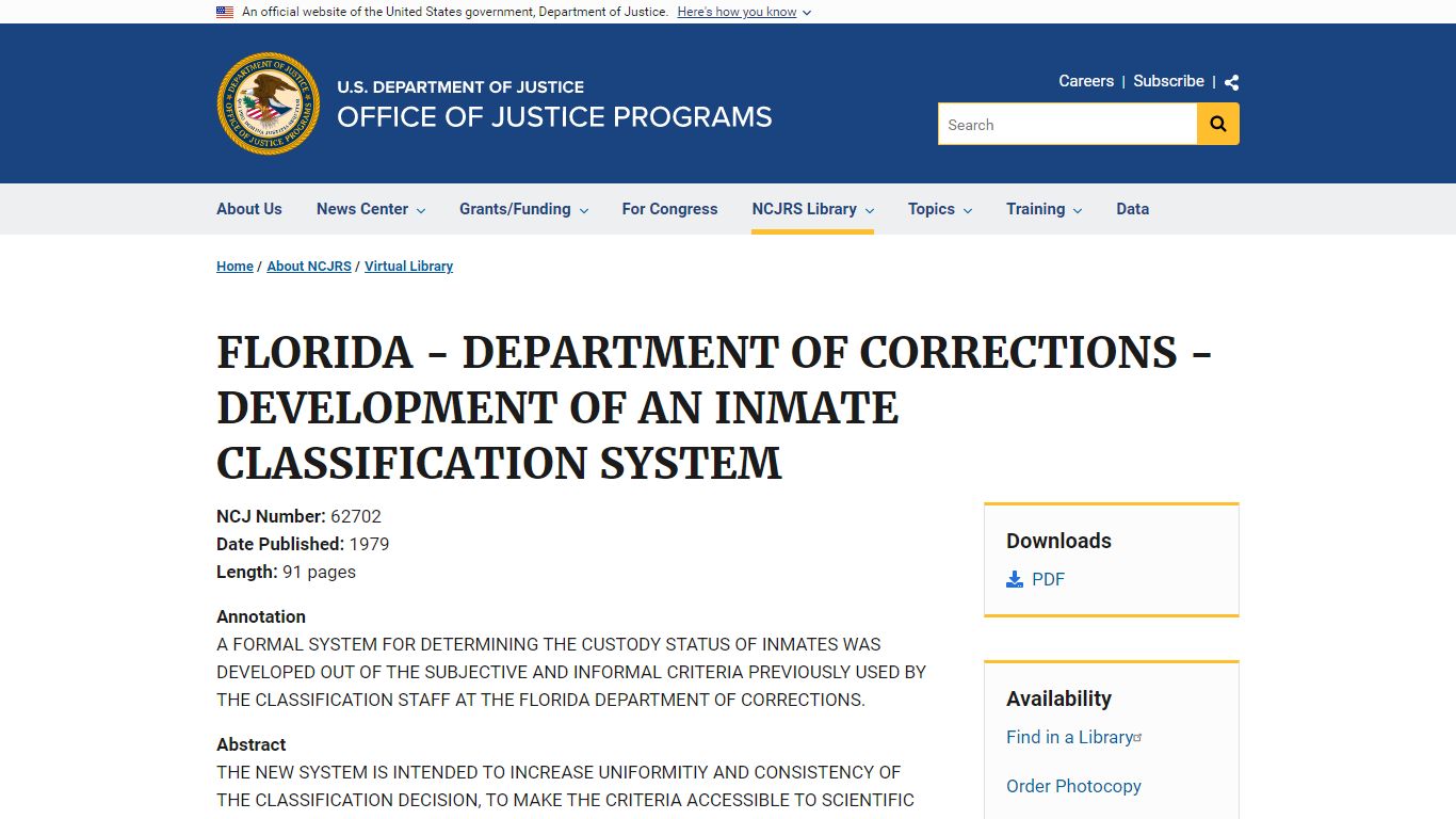 FLORIDA - DEPARTMENT OF CORRECTIONS - DEVELOPMENT OF AN INMATE ...